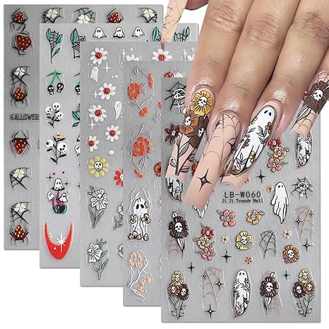 Halloween Nail Art Stickers Decals 5PCS Halloween Cute Ghost Flower Nail Stickers Skull Strawberry Spider Flower Nail Designs 5D Embossed Nail Decals for Acrylic Nails Manicure Decorations - sugar skull nail art