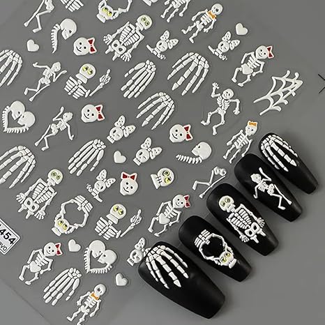 5D Embossed Skull Nail Art Stickers, 2PCS Halloween Skeleton Nail Stickers 3D Self-Adhesive Acrylic Engraved Nail Decals Horror Halloween Nails Art Design Supplies for Women DIY Nail Art Decorations - sugar skull nail art