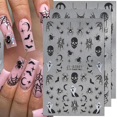 Halloween Nail Art Stickers 3D With Rhinestone - 3PCS Spider Web, Skull, Ghost Design Manicure Decal - Dark Black Decorations Supplies for Women - sugar skull nail art