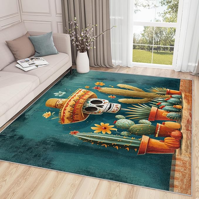Sugar Skull Decor Party - 2x3 Rug - Sugar Skull Rug - Mexican Gothic Skeleton Area Rug - Cactus Tropical Plant Rugs - Rustic Turquoise Carpet - Home Decor - sugar skull area rug
