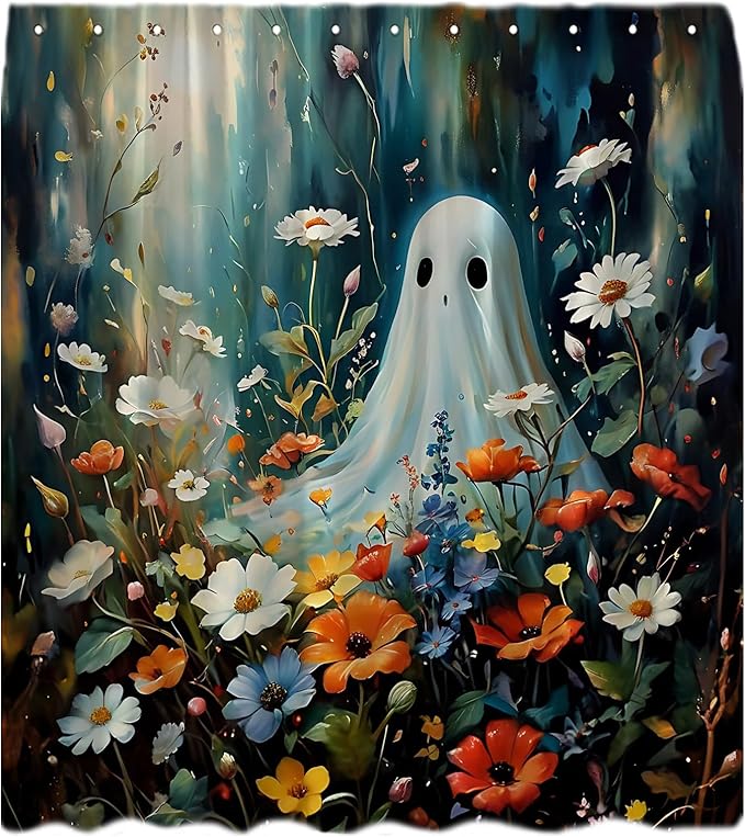 Spooky Halloween Ghost Shower Curtain Halloween Ghost Cute Funny Night Blue Watercolor Boho Floral Plant Gothic Fantasy Creepy Horror Cartoon Happy Holiday Fabric Bath Curtain with Hook - sugar skull shower curtain set
