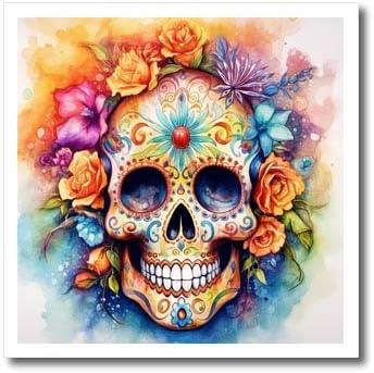 3dRose 10x10 Iron on Heat Transfer for White Material - Floral Sugar Skull Illustration Illustrations - sugar skull throw pillow
