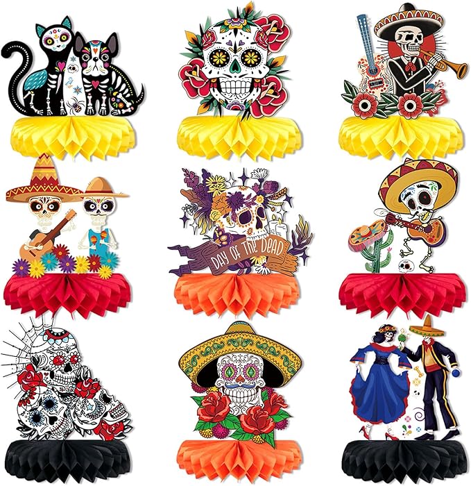 Day of The Dead Decorations - 9 Pieces Dia De Los Muertos Honeycomb Table Toppers Cutouts Sugar Skull Flowers Centerpieces Day of The Dead Decor Mexican Party Supplies - sugar skull figurine collectible