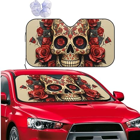 Car Windshield Sun Shade Cover Red Rose Sugar Skull Sunshade Foldable Car Sun Shield Car Windshield Sunshade for Truck Car Windshield Cover for Most Sedans - sugar skull car sunshade for windshield
