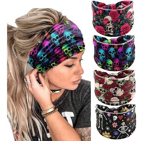 Halloween Skeleton Rose Headbands for Women Wide Headband Skull Wraps Holiday Hair Bands Festive Gift Hair Wrap Hair Accessories for Party(4 Pcs) - sugar skull flower crown
