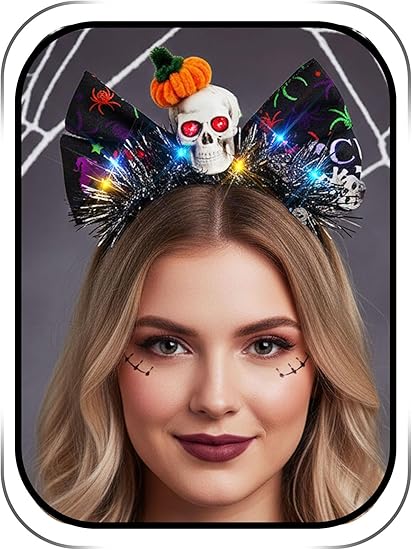 Light Up Headbands Bow Skull Halloween Hair Band Festival Cosplay Decorations Party Hair Accessories for Women - sugar skull flower crown