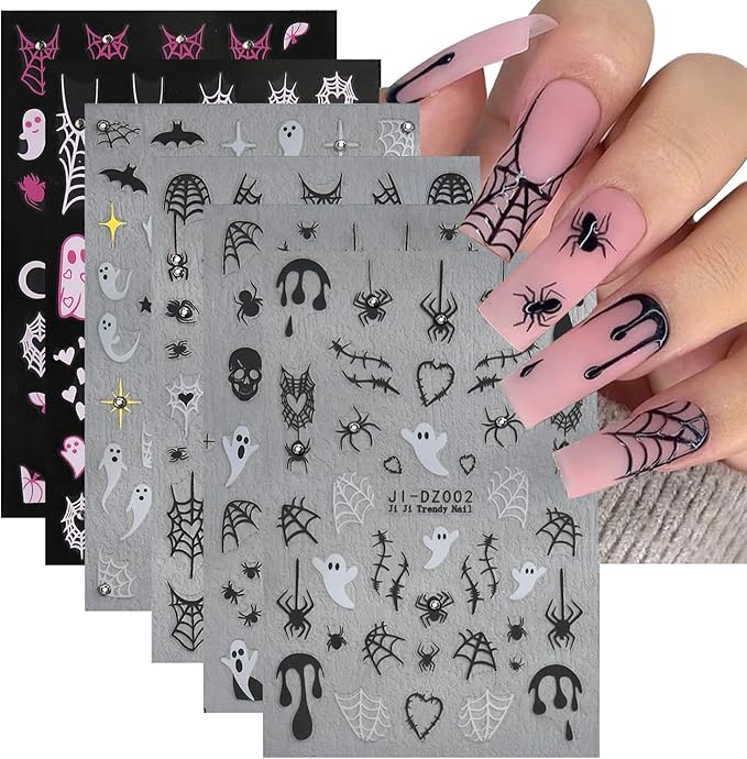 Halloween Nail Stickers for Nail Art Kit - 6Sheets Cute Ghost Nail Decals 3D Self-Adhesive Horror Skull Spider Web Bat Pumpkin Star Moon Designs DIY Nail Art Tips Nail Supplies for Halloween Party - sugar skull nail art
