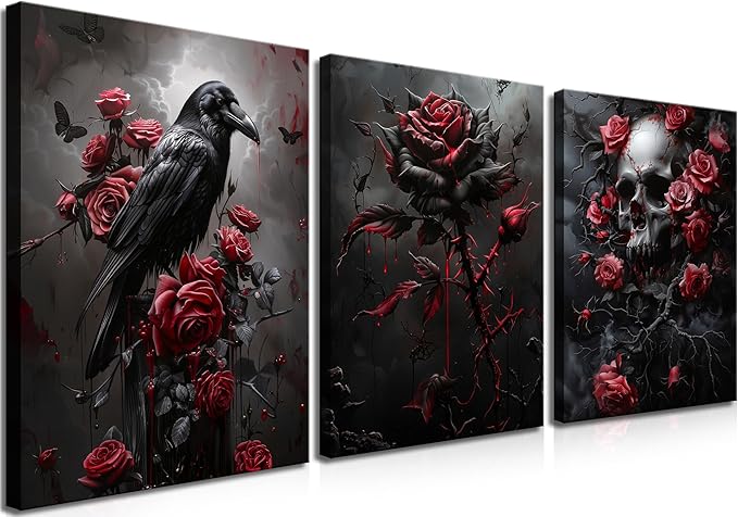 Gothic Canvas Wall Art Set of 3, Romantic Rose Halloween Wall Decor Paintings, Dark Goth Crow Skull Posters Prints for Bathroom Living Room Gallery Home Decor 12x16In Framed - sugar skull canvas wall art