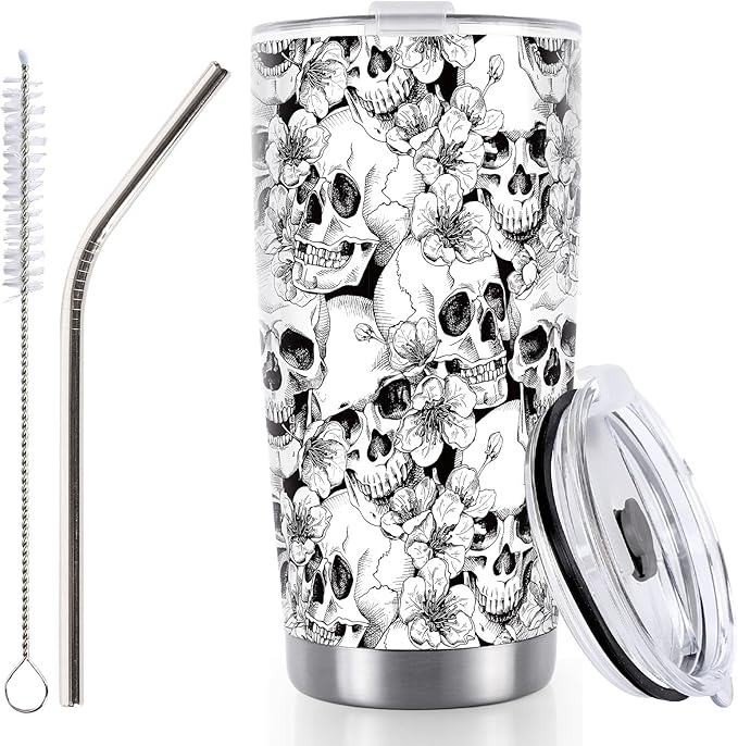 Whaline Halloween Skull Tumbler Stainless Steel Travel Tumbler with Lid Straw and Brush Spooky Coffee Mug Cup for Women Travel Birthday Horror Gift - sugar skull tumbler with straw
