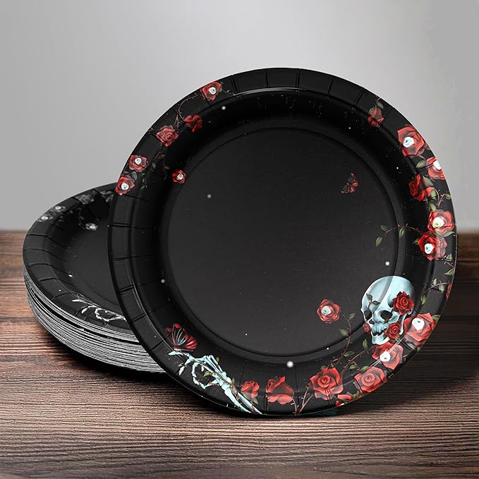 Cheerland Rose Skull Disposable Halloween Party Paper Plates 7 Inch Black for Birthday Summerween Emo Gothic Valentines Cosplay Day of Death Celebration Spooky Party Supplies Decorations 24pcs - sugar skull plates set