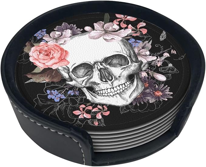 Elegant Skull Rose Flower Coasters for Drinks Round Leather Coaster with Holder Set of 6 for Tabletop Protection Desk Accessories Office Home Room Decor - sugar skull coasters set