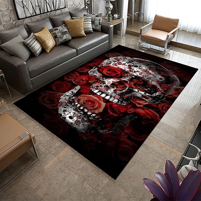 Area Rugs, Modern Grey Skull Rug,5x7ft,Gothic Design Horror Halloween Home Decor Red Rose Sugar Skull Carpet for Entryway Rugs Indoor Non Slip Living Room and Dining Room Rug - sugar skull area rug