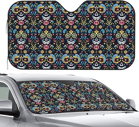 Front Window Car Sun Shade Windshield, Mexican Sugar Skull Foldable Cute Funny Sunshade for Car Truck SUV-Blocks Uv Rays Visor Shield Cover Keep Your Vehicle Cool Small - sugar skull car sunshade for windshield