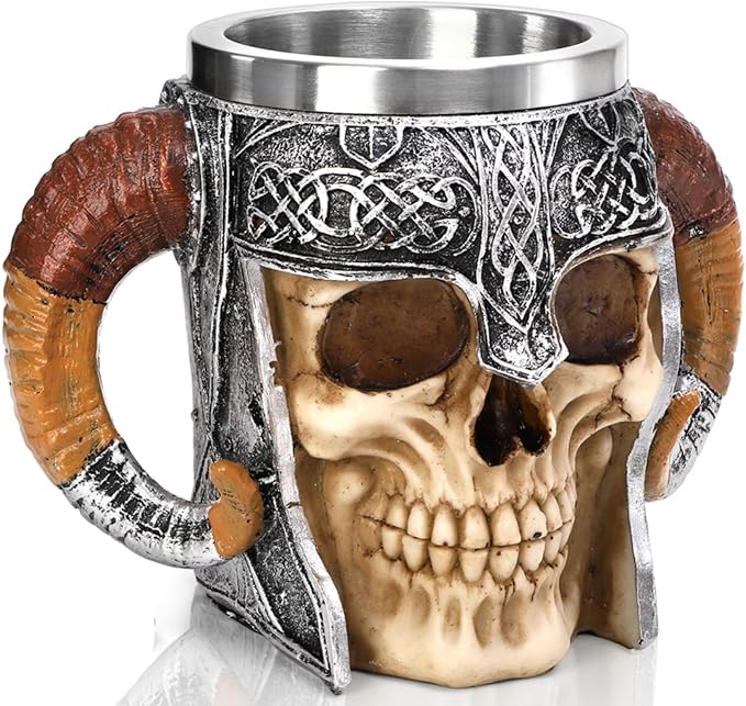 Stainless Steel Skull Mug, 18 OZ Halloween Viking Drinking Cup, Large Skeleton Resin Beer Stein Tankard with Double Handles, Bar Drinkware Medieval Decoration for Coffee, Tea, Novelty Gifts - sugar skull tumbler with straw