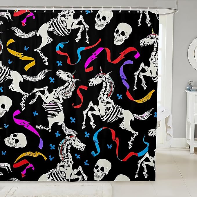 Erosebridal Sugar Skull Shower Curtain 72" Wx72 L Colorful Ribbon Waterproof Bathroom Curtain,Kids Unicorn Bath Curtain Spooky Halloween Theme Waterproof Bathroom Curtains for Boys Girls Teens - sugar skull shower curtain set