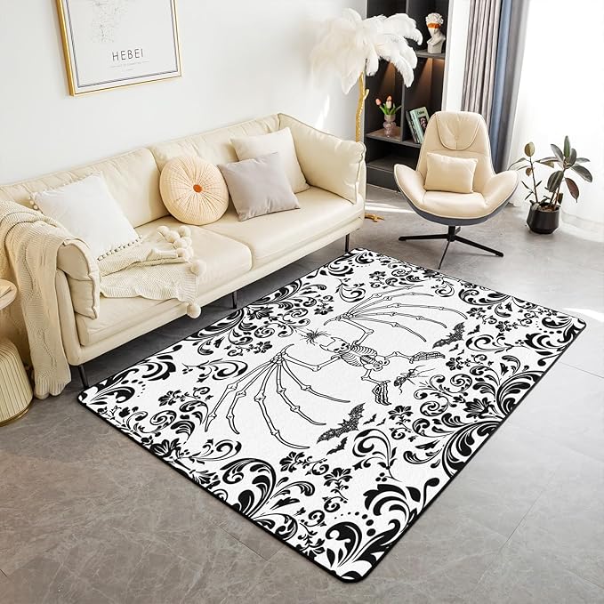 Erosebridal Boho Damask Flower Decorative Rug,Sugar Skull Indoor Floor Mat,Bat Spiders Area Rug 5x7,Baroque Halloween Decor Decorative Accent Rug,Horror Themed Carpet for Home Decorative,Rectangular - sugar skull area rug