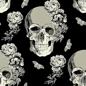 Black Gothic Skull Wallpaper Peel and Stick Vintage Dark Floral Butterfly Wallpaper Sugar Skull Flower Contact Paper Home Decorative 12"x118" Removable Wall Paper for Bedroom Basement Door - sugar skull canvas wall art