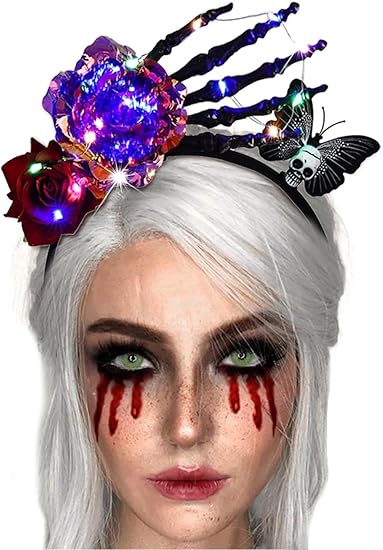 Light Up Halloween Flower Headbands LED Rose Hairbands Black Skeleton Hand Hair Hoop Skull Butterfly Headpieces Gothic Women Hair Accessories for Rave Costume Party - sugar skull flower crown