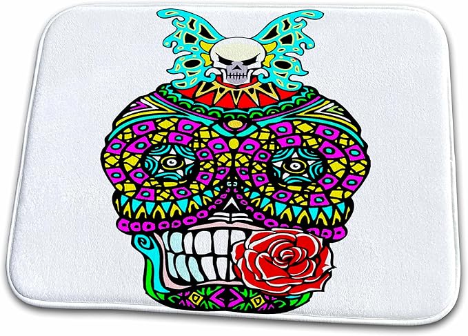 Bathroom Bath Rug Mat - Day of The Dead Sugar Skull with Rose in Teeth Designs - sugar skull toilet mat set