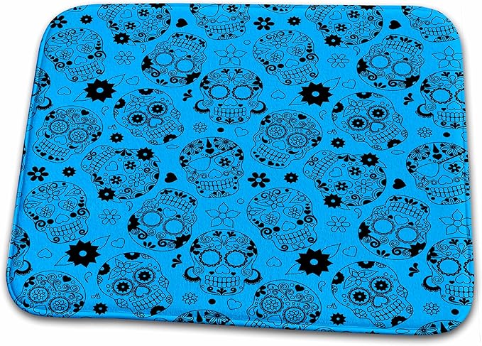 3dRose Bathroom Bath Rug Mat - Light Blue and Black Sugars Skulls Pattern Sugar Skulls - sugar skull toilet mat set