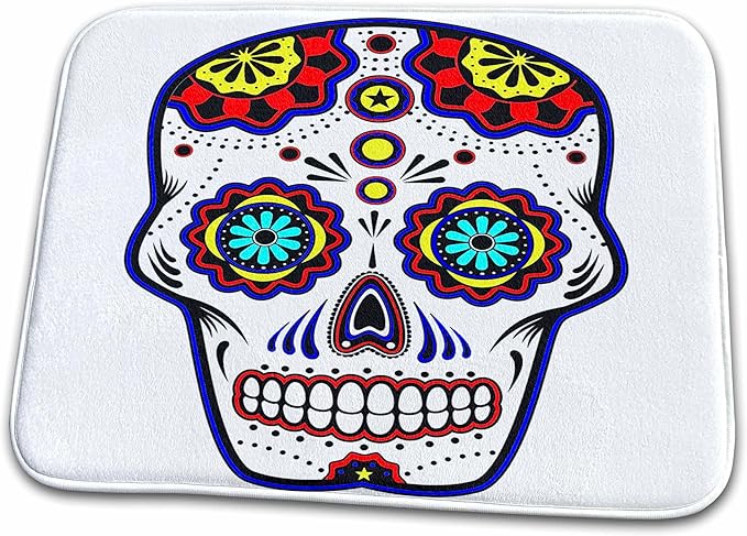 3dRose Bathroom Bath Rug Mat - Sugar Skull, Red, Blue and Yellow Signs - sugar skull toilet mat set