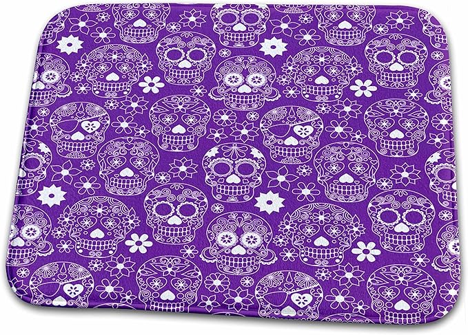 3dRose Bathroom Bath Rug Mat - White Sugar Skulls On A Purple Background Sugar Skulls - sugar skull toilet mat set