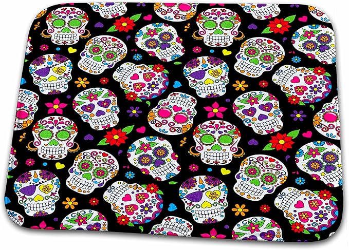 3dRose Bathroom Bath Rug Mat - Colorful Scattered Sugar Skulls On A Black Background Pattern Sugar Skulls - sugar skull toilet mat set