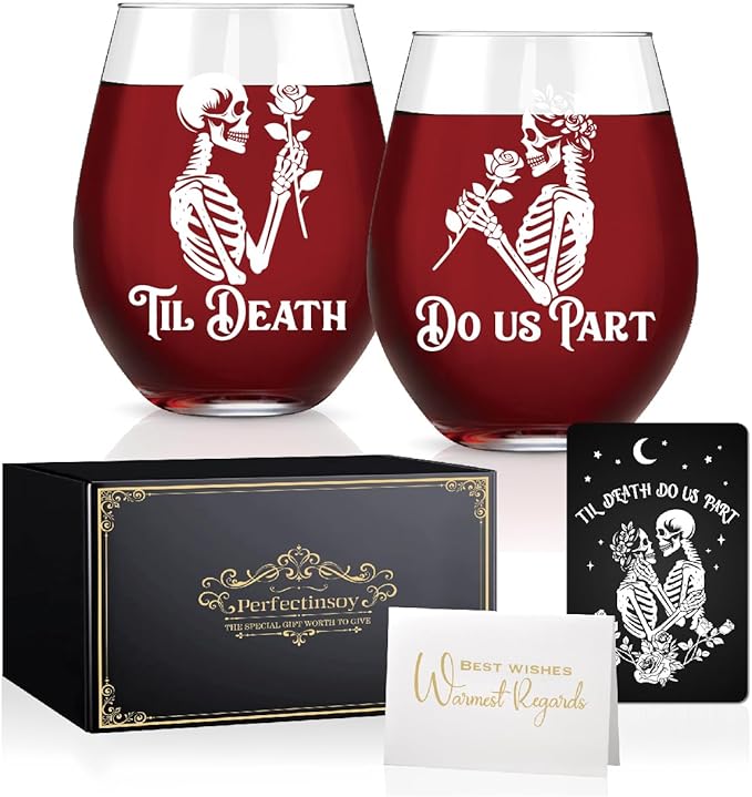 Perfectinsoy Skull Wine Glass 2 Piece with Gift Box, Zombie Design, Valentine's Day Autumn Halloween, Anniversary Wedding Gifts, Couple Gifts for Boyfriend and Girlfriend. (Do Us Set of 2) - sugar skull tumbler with straw