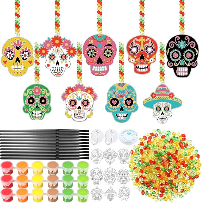 Pasimy 36 Sets Day of The Dead Suncatchers Paint Craft Kits Dia De Los Muertos Window Hanging Ornaments Decorations DIY Paint Your Own Sugar Skull Skeleton Art Project Halloween Party Favors Gifts - sugar skull christmas ornament