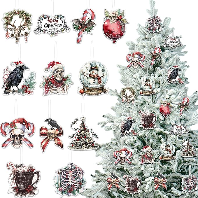 Gothic Christmas Tree Decoration 24PCS Gothic Christmas Wooden Ornaments Hanging Decor Skull Crows Christmas Tree Decor Hanging Ornaments Fireplace Mantel Supplies - sugar skull christmas decorations
