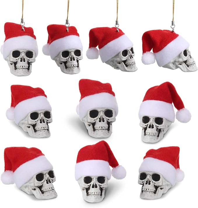 Lenwen 24 Pcs Mini Hanging Skull Heads Santa Hat Halloween Skeleton Head Tree Ornament Decorations for Holiday Party Xmas Tree Decor(Small) - sugar skull christmas decorations