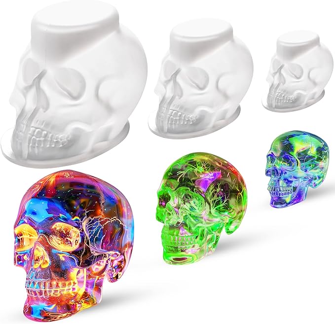 3D Resin Skull Molds, Flexible Clear Silicone Skull Head Molds - 3 Pack for Candle Making, Home Decor & Halloween Decoration - sugar skull coasters set