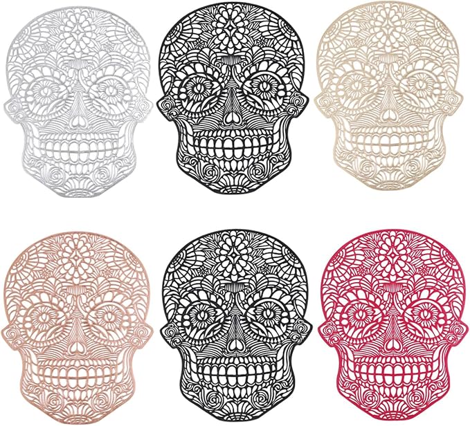 Halloween Placemats Set of 6, Heat Insulation Skull Placemats Table Mats Hollow Out Coasters Placemat for Dining Table Halloween Decoration - Skull Shape - sugar skull coasters set