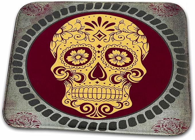 3dRose Bathroom Bath Rug Mat - Day of The Dead. Cool Design. Yellow, Burgundy, Grey. Sugar Skull - sugar skull toilet mat set