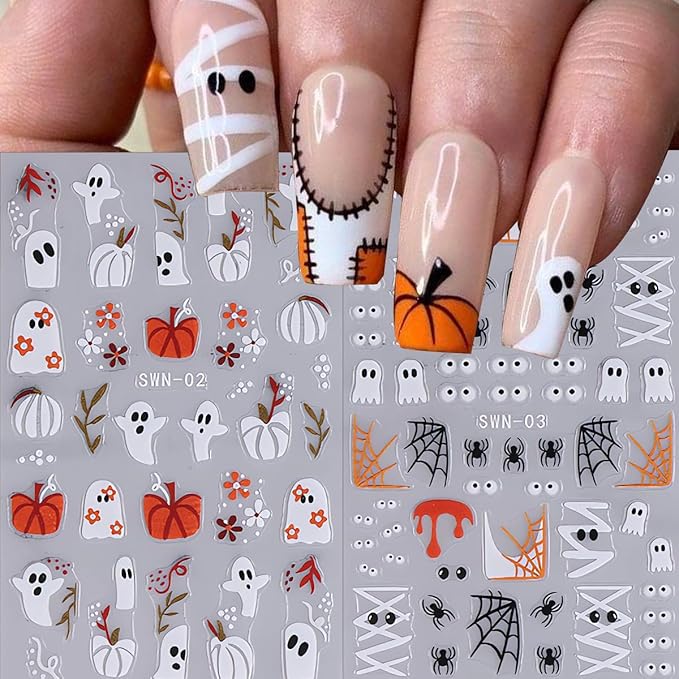 Halloween Ghosts Nail Stickers 4PCS - Cute Skull Spider Pumpkins 3D Self-Adhesive Decals for DIY Manicure Art Supplies - Women's Nail Sliders - sugar skull nail art