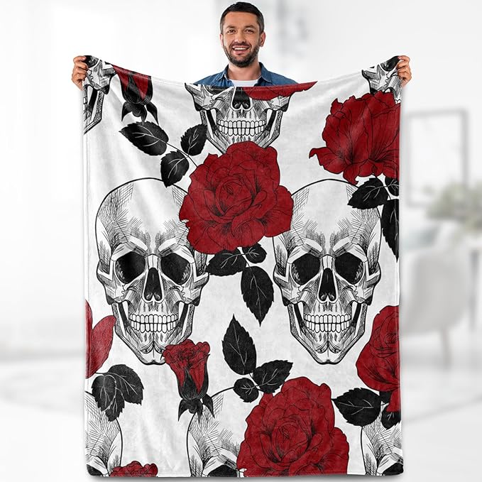 Skull Blanket Gifts for Women - Halloween Skull Rose Flower Themed Design Skeleton Print Throw for Kids Men Adults Bedroom Decor Soft Fuzzy Bed Couch Birthday Christmas Lightweight Blanket 50"x60" - sugar skull throw blanket
