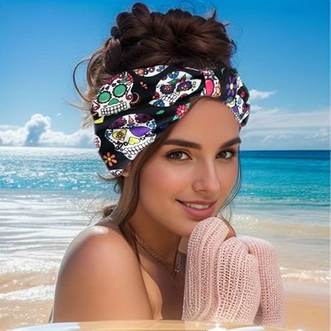 Bohemian Skull Printed Wide Headband for Women, Criss Cross Head Wrap, Yoga Fitness Hairband, Black - sugar skull flower crown