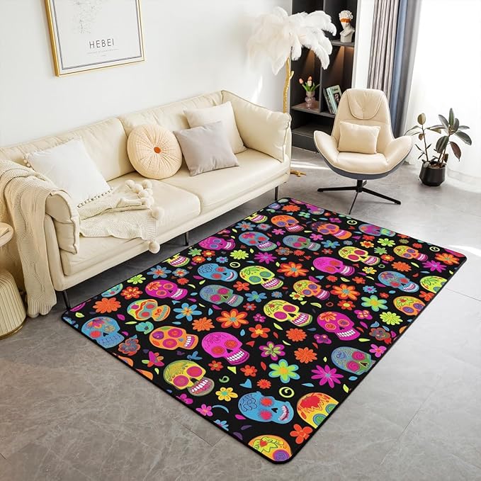 Erosebridal Sugar Skull Halloween Indoor Floor Mat 5x7, Cartoon Retro Petals Carpet, Fantasy Gothic Area Rug, Flowers Geometric Decorative Rug for Teens Boys for Laundry Doorway Porch - sugar skull area rug