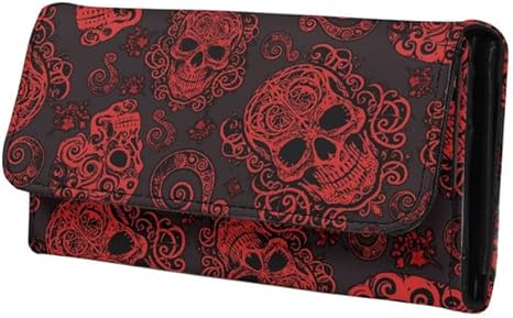 Red Sugar Skulls Women's Clutch Organizer Mexican Folk Art Trifold Card Holder, Candy Skull Floral Tall Billfold Cash Wallet With ID Window, Black - sugar skull handbags for sale