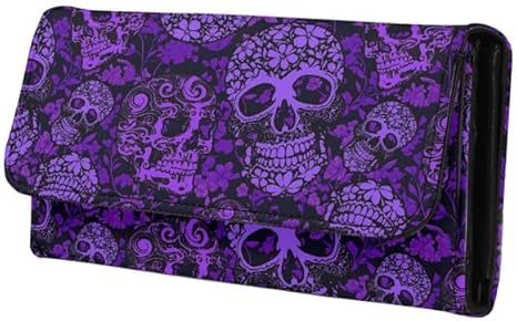 Women's Purple Skull Floral PU Leather Tri-fold Zipper Wallet, Candy Skull Buckle Elegant Clutch - sugar skull wallets for women