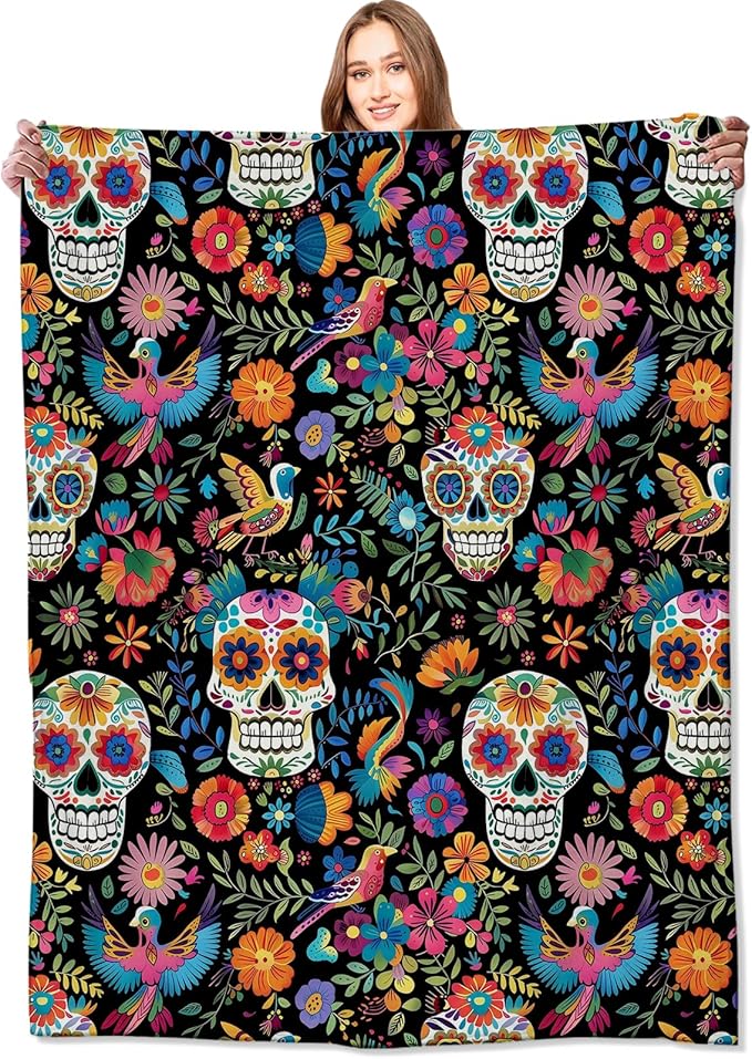 Sugar Skull Blanket Colorful Day of The Dead Floral & Bird Throw Blankets, for Women Men,Lightweight Soft Fleece Cozy for Sofa Couch Bed Room Travel Celebrations Decor 50x60in - sugar skull throw blanket