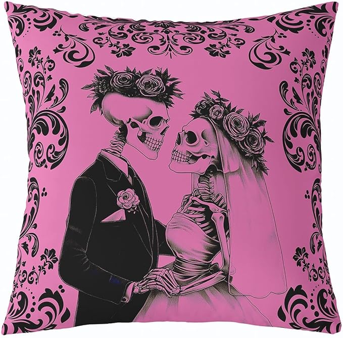 Erosebridal Sugar Skull Pillow Cover Gothic Exotic Damask Cushion Cover 18X18,Couple Skeleton Rose Decorative Pillow Cover Halloween Horror Throw Pillow Cover for Women Men - sugar skull throw pillow