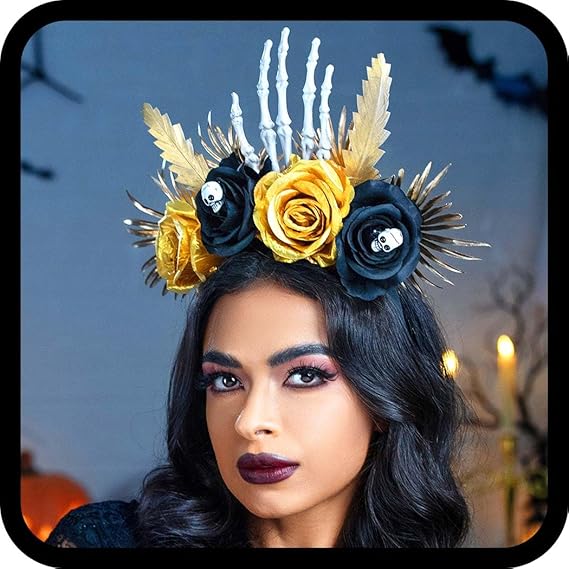 Woeoe Halloween Flower Halo Crown Skull Headband Feather Day of the Dead Hair Band Cosplay Dress up Costume Hair Accessories - sugar skull flower crown