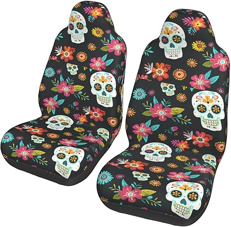 Sugar Skull Pattern Car Seat Covers Car Front Seat Cushion Auto Seat Cover Car Bucket Seats Protector Covers Universal Fit for Car Sedan Truck SUV 2pcs - sugar skull car seat covers set