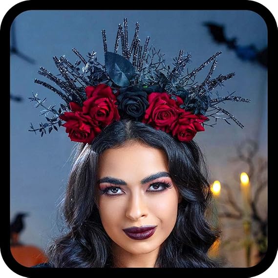 Woeoe Halloween FLower Halo Crown Day of The Dead Headband Rose Floral Hair Band Gothic Hair Hoop for Women Halloween Party Cosplay Dress up Costume Hair Accessories - sugar skull flower crown