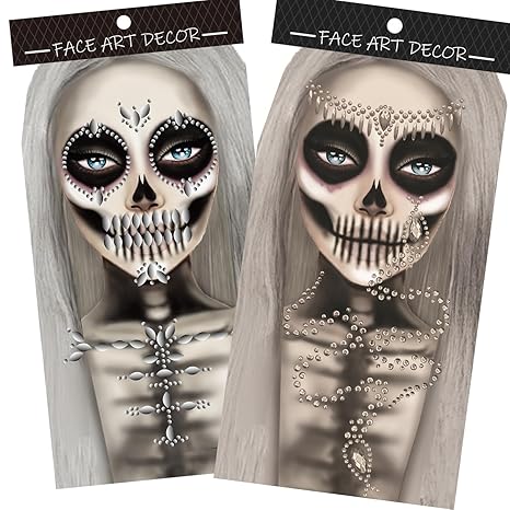 Crystal Bride Face Gems the Ghost Bride Chest Gems Tattoo Stickers Skull Design for Halloween Party and Costume - sugar skull temporary tattoo