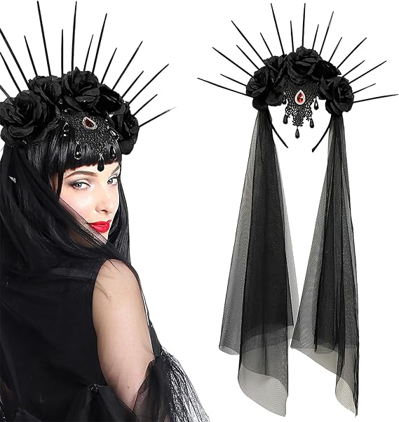 Halloween Gothic Halo Crown Flower Headband Black Vintage Rose Veil Sunburst Spike Crown Hair Hoops Headpieces for Women Girls Halloween Masquerade Party Costume Cosplay Hair Accessory - sugar skull flower crown