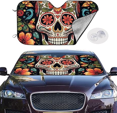 Car Windshield Sun Shade Cover Colorful Sugar Skull Sunshade Foldable Car Sun Shield Car Windshield Sunshade for Truck Car Windshield Cover for Most Sedans - sugar skull car sunshade for windshield
