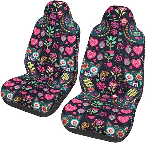 Sugar Skull Cats Car Seat Covers Car Front Seat Cushion Auto Seat Cover Car Bucket Seats Protector Covers Universal Fit for Car Sedan Truck SUV 2pcs - sugar skull car seat covers set