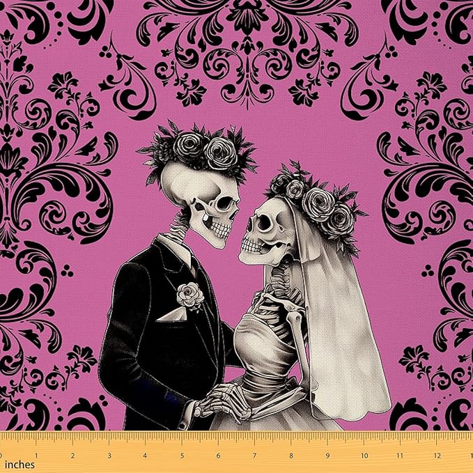 Erosebridal Sugar Skull Upholstery Fabric,Gothic Exotic Damask Decorative Fabric,Pink Black Goth Indoor Outdoor Fabric,Halloween Horror Couple Skeleton Rose DIY Waterproof Fabric,1 Yard - sugar skull apron for women